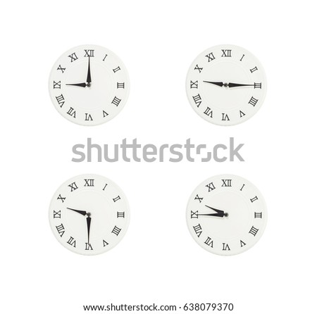 Closeup group of white clock with shadow for decorate show the time in 9 , 9:15 , 9:30 , 9:45 a.m. isolated on white background , beautiful 4 wall clock picture in different time