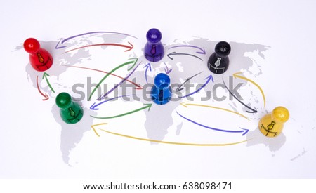 Concept for globalization, global business, travel or global connection. Colorful figures with connecting arrows.