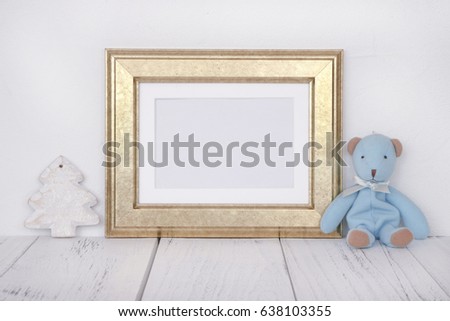 Stock photography golden picture frame cute blue bear Christmas tree craft mock up for text message