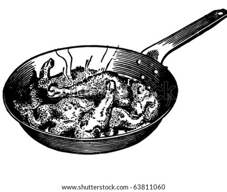 Chicken In Frying Pan - Retro Clipart Illustration