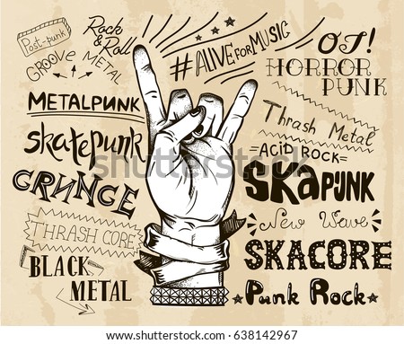 Hand draw sketch for rock festival poster with frame for your text. Rock and Roll hand sign. Vector illustration isolated. Punk label design for t-shirts, posters, logos, greeting cards etc.

