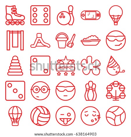 Fun icons set. set of 25 fun outline icons such as pyramid, baby bath, bucket toy for beach, dice, jackpot, waterslide, beach ball, air balloon, portable game console, bowling