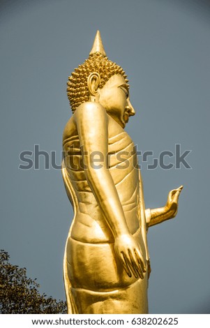Walking golden buddha statue at Phra That Khao Noi temple, Thailand.