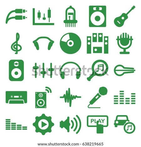 Audio icons set. set of 25 audio filled icons such as finger pressing play button, equalizer, musical instrument, loud speaker set, cassette, microphone, guitar