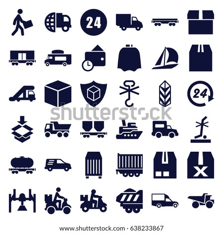Delivery icons set. set of 36 delivery filled icons such as truck crane, hairdresser peignoir, truck, van, no standing nearby, no cargo warning, cargo, courier