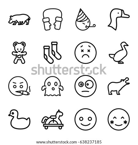 Cute icons set. set of 16 cute outline icons such as hippopotamus, goose, duck, socks, mittens, bear teddy, smiling emot, blush, upset emot, ghost