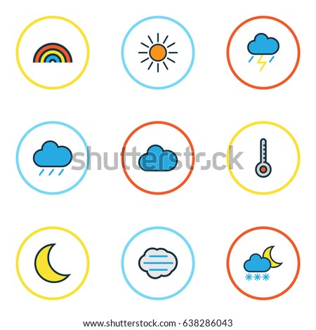 Nature Colorful Outline Icons Set. Collection Of Cloudy Day, Tempest, Freeze And Other Elements. Also Includes Symbols Such As Degree, Lunar, Freeze.