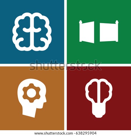Imagination icons set. set of 4 imagination filled icons such as brain, gate, gear in head