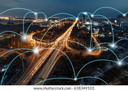Network and Connection technology concept with city background Royalty-Free Stock Photo #638349103