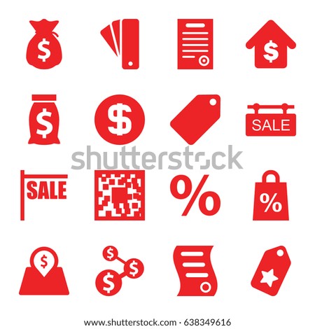 Price icons set. set of 16 price filled icons such as tag, buying a house, sale tag, lot price, bill of house sell, bill of house, dollar coin, money sack, shopping sale