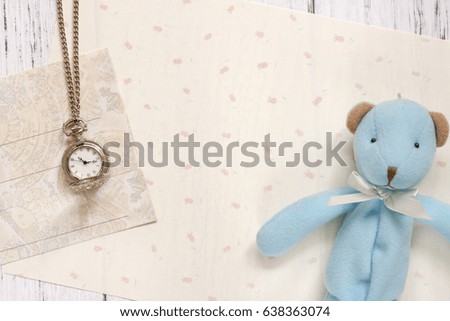 Stock photography flat lay text letter envelope pocket clock cute blue bear doll