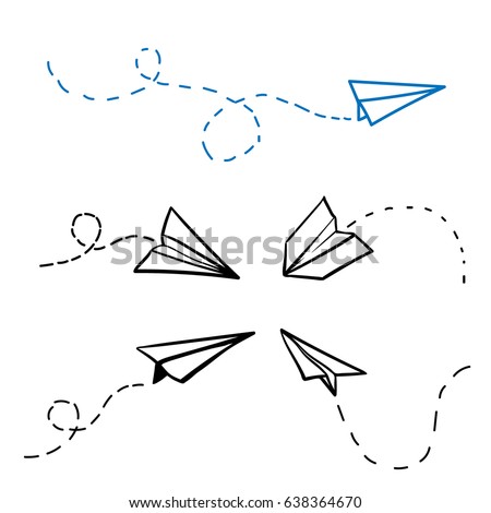 Vector paper airplane. Travel, route symbol. Set of vector illustration of hand drawn paper plane. Isolated. Outline. Hand drawn doodle airplane. Black linear paper plane icon. Royalty-Free Stock Photo #638364670