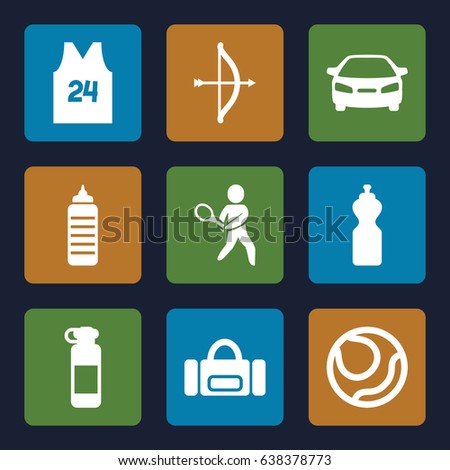 Sports icons set. set of 9 sports filled icons such as car, tennis playing, sport t shirt number 24, bow, bottle for fitness, volleyball, fitness bottle