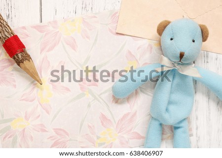 Flat lay stock photography flower pattern letter envelope cute blue bear wood pencil