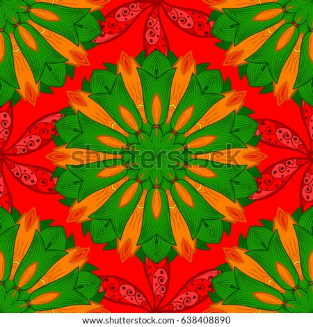 Red background. Tiled mandala design, best for print fabric or papper and more. Boho style flower seamless pattern. Vector Mandala.