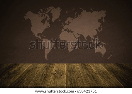 Wall texture background surface natural color , process in vintage style with wood terrace with world map