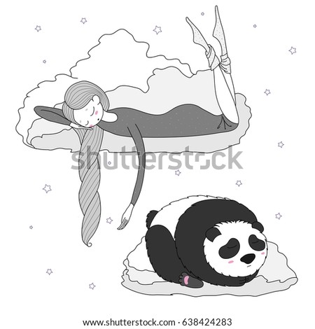 Hand drawn vector illustration of a sleeping girl and panda floating on the clouds among the stars. Isolated objects on white background. Design concept for children - postcard, poster, T-shirt print