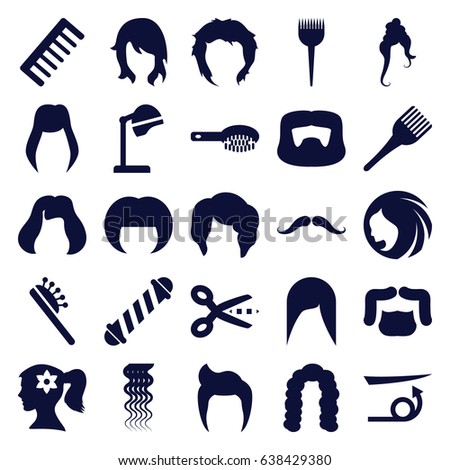Hairstyle icons set. set of 25 hairstyle filled icons such as mustache, barber brush, hair brush, salon hair dryer, hair curler, comb, coloring brush