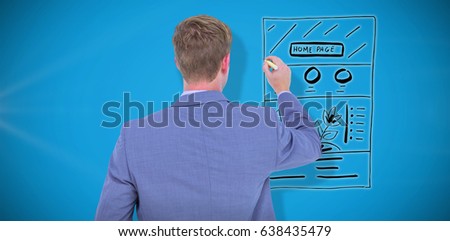 Businessman writing on a white background against blue background