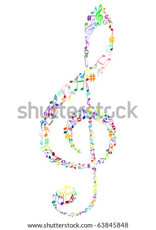 Illustration of a colored G clef with music notes