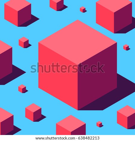 Abstract geometry composition of various sizes red cubes on light blue background. Retro design concept. Clipping mask used!