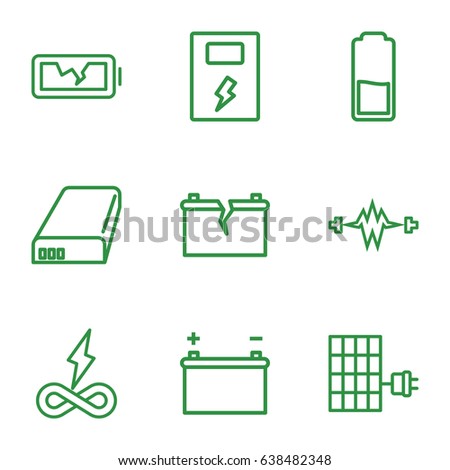 Battery icons set. set of 9 battery outline icons such as solar panel