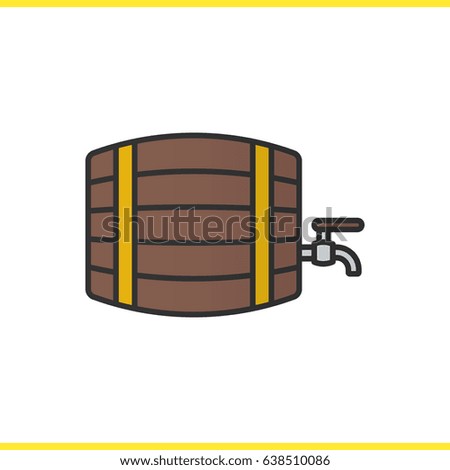 Alcohol wooden barrel color icon. Whiskey, beer or rum barrel with tap. Bar and pub sign. Isolated vector illustration