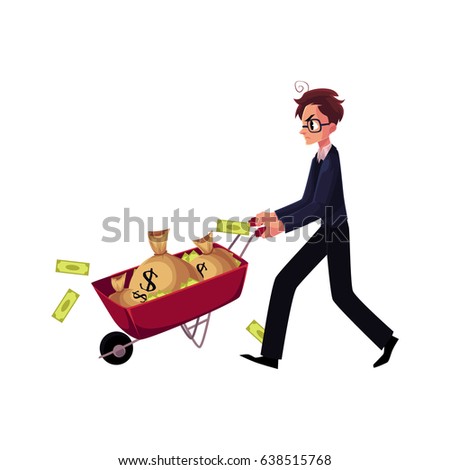 Young man, businessman in glasses, stressed and worried, pushes wheelbarrow of money bags, cartoon vector illustration isolated on white background. Nervous businessman pushing wheelbarrow with money