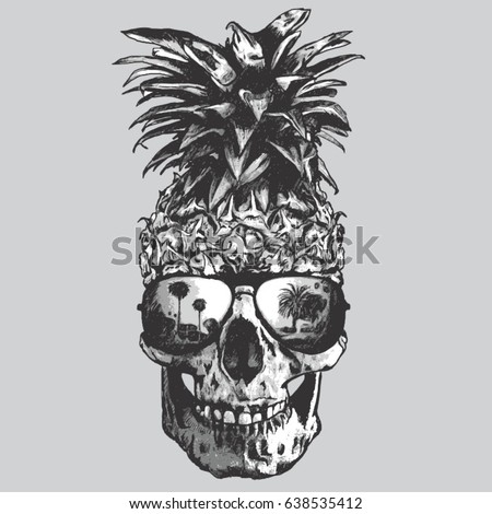 Pineapple  skull illustration, tee shirt graphics, vectors