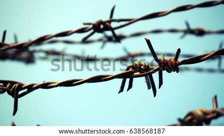 Barbed wire. Barbed wire on fence with blue sky to feel worrying. Royalty-Free Stock Photo #638568187