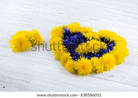 Heart of flowers. Blue and yellow flowers on a table in the shape of a heart