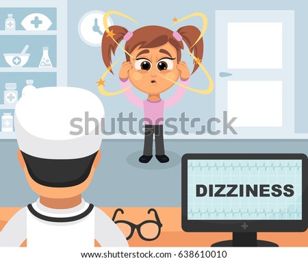 Dizziness medical concept. Vector illustration. Doctor and patient are talking in the hospital. Isolated on white background.