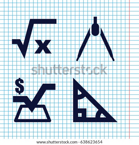 Set of 4 geometry filled icons such as mathematical square, compass, square root
