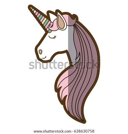 white background with face side view of female unicorn and long striped mane and thick contour vector illustration