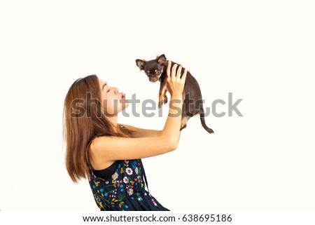 women with dog on white background
