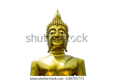 Closeup hand and upper body golden buddha statue on white isolated background