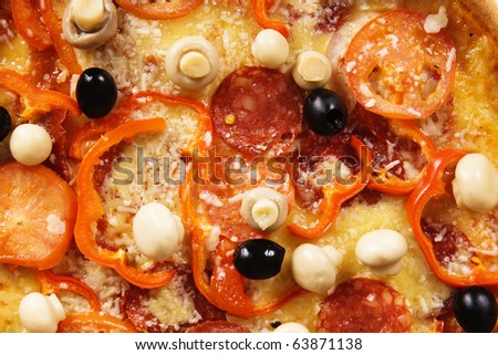 Closeup picture of pizza with salami, paprika, olives and champignons