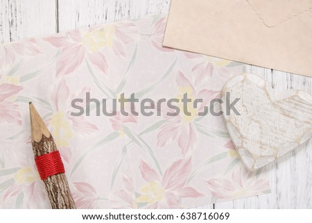 Flat lay stock photography flower pattern message letter paper wood pencil heart craft