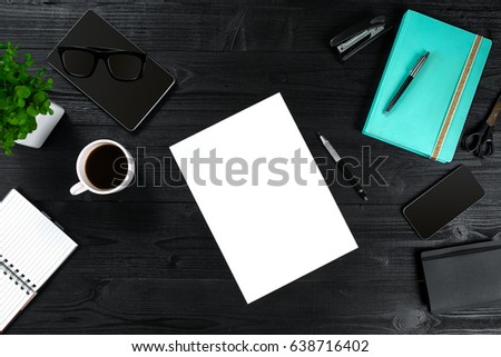 View from above with copy space office table , notebook with cup of coffee and Smart Phon