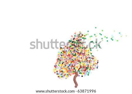 Autumn tree blowing in the wind in mosaic style on white background