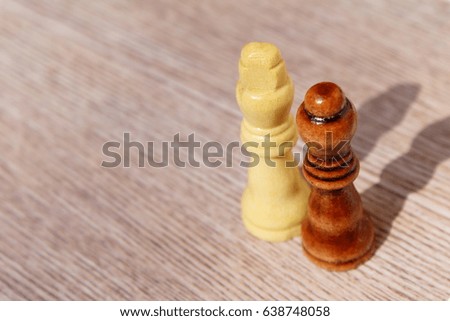 Chess pieces on a wooden background. A King and a queen in different colors. 