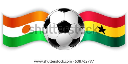 Nigerien and Ghanaian wavy flags with football ball. Niger combined with Ghana isolated on white. Football match or international sport competition concept.