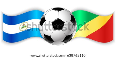 Nicaraguan and Congolese wavy flags with football ball. Nicaragua combined with Republic of the Congo isolated on white. Football match or international sport competition concept.