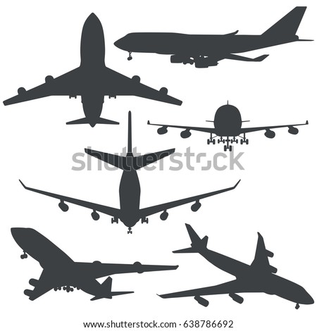 Plane black shapes vector set on white background. Collection of aircraft outlines.