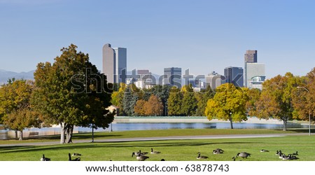 Denver Skyline in Autumn with park and lake in view