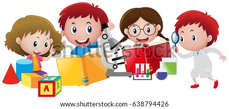 Kids and different school materials illustration