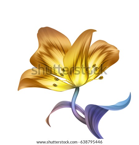 abstract tropical flower, botanical illustration, decorative tulip, curly leaves, clip art element isolated on white background