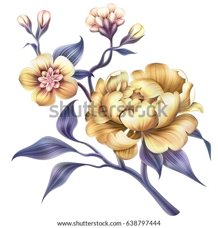 abstract tropical flower, botanical illustration, decorative blooming twig, peony, rose, sakura, leaves, clip art element isolated on white background