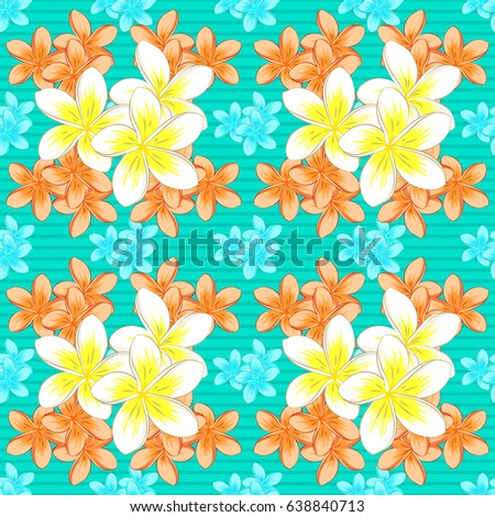 Bright painting inspired plumeria flower print. Seamless background. Beautiful watercolor plumeria flowers on a blue background.