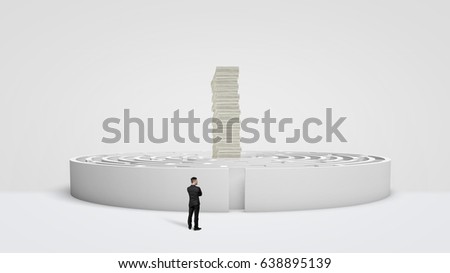 A small businessman standing in front of a white round maze where a huge stack of money bills towers at the center. Long way for money. Business rewards. Right way for success.